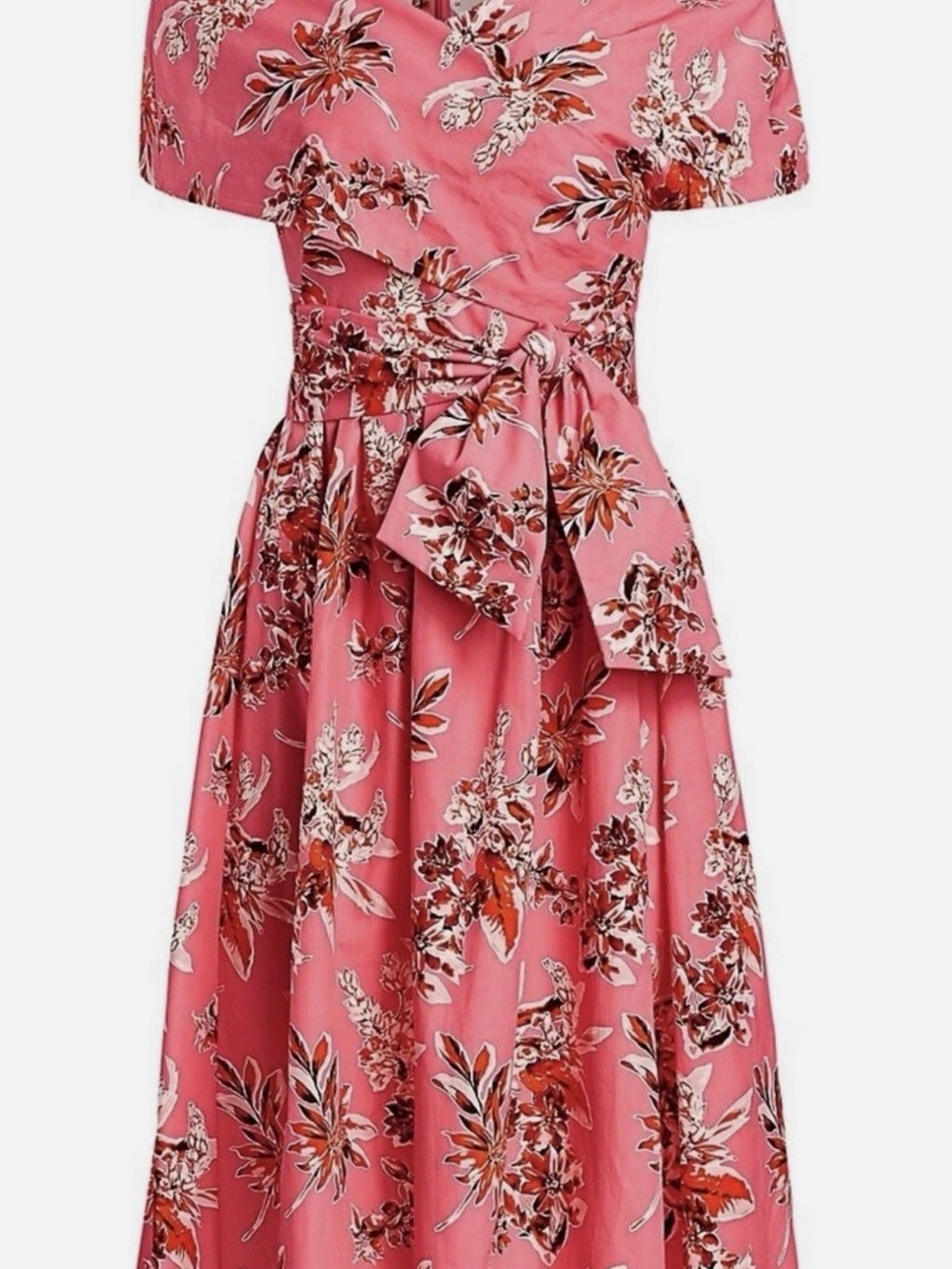 Lela Rose Rose-Pink Floral Midi Dress with Tie Waist